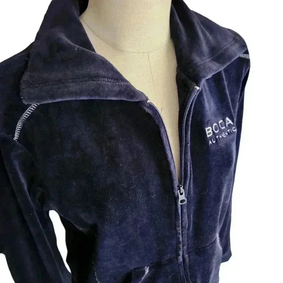 Vintage Y2K Boca Velour Zip-Up Sweatshirt L Navy - Picture 7 of 12